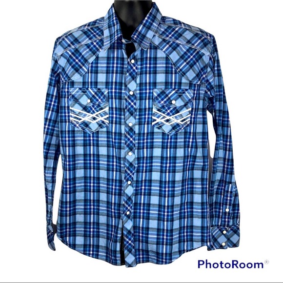 Rock & Roll Other - Rock & Roll Cowboy Pearl Snap Men's Western Blue & White Plaid Shirt size Large